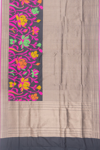 Banarasi Silk Half And Half Lines And Brocade Black Saree