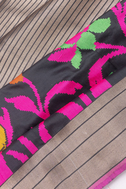 Banarasi Silk Half And Half Lines And Brocade Black Saree
