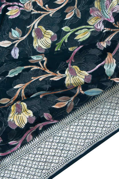 Banarasi Georgette Brocade Midnight Blue Saree