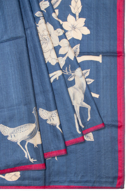 Tussar Printed Blue Saree
