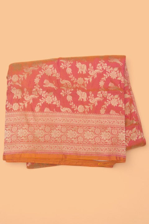 Banarasi Silk Shikarga Jaal Dual Tone Pink And Orange Saree