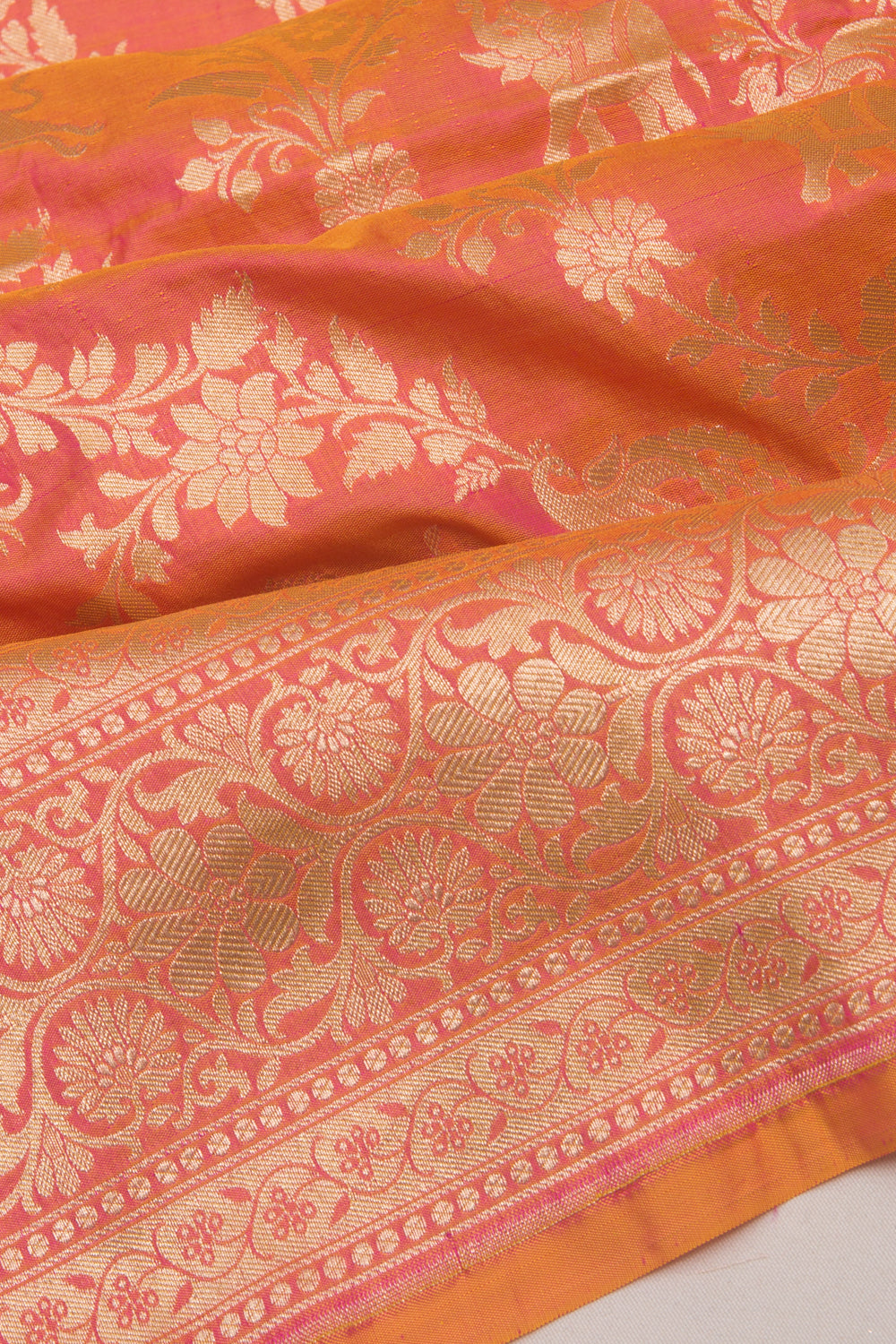 Banarasi Silk Shikarga Jaal Dual Tone Pink And Orange Saree