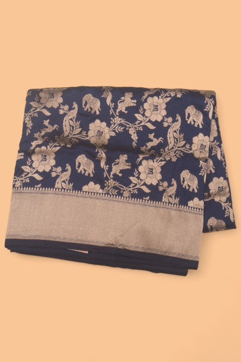 Banarasi Silk Jaal Shikarga Dark Blue Saree