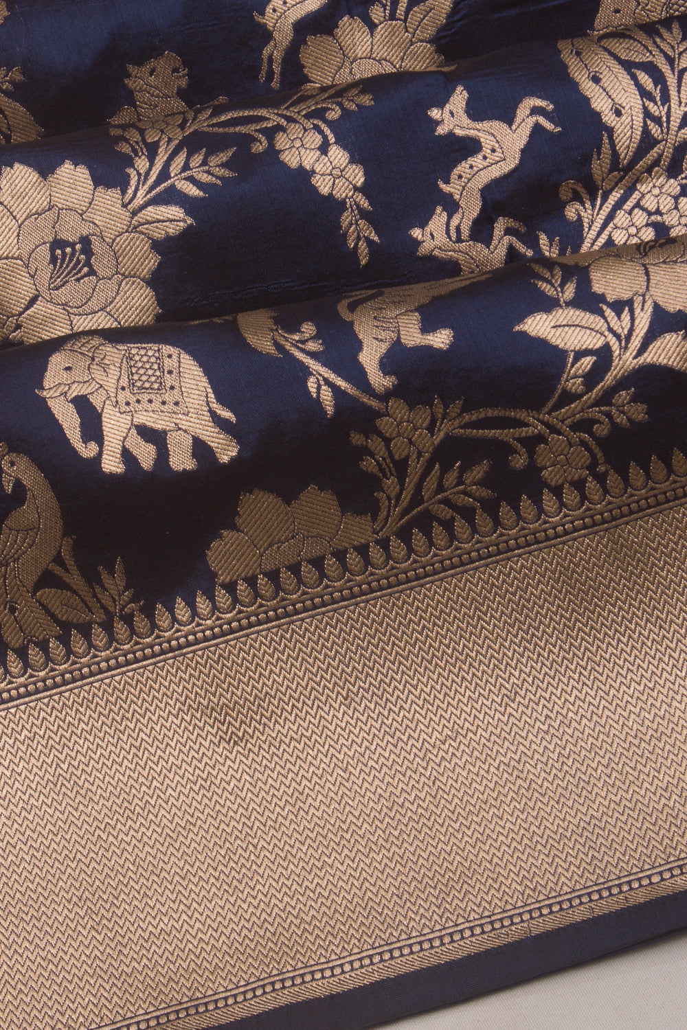 Banarasi Silk Jaal Shikarga Dark Blue Saree