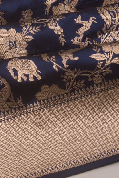 Banarasi Silk Jaal Shikarga Dark Blue Saree