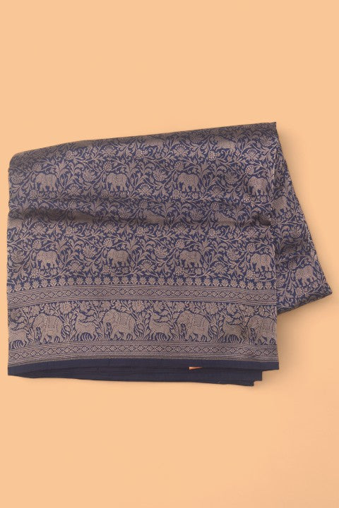 Banarasi Silk Shikargah Jaal Dark Blue Saree