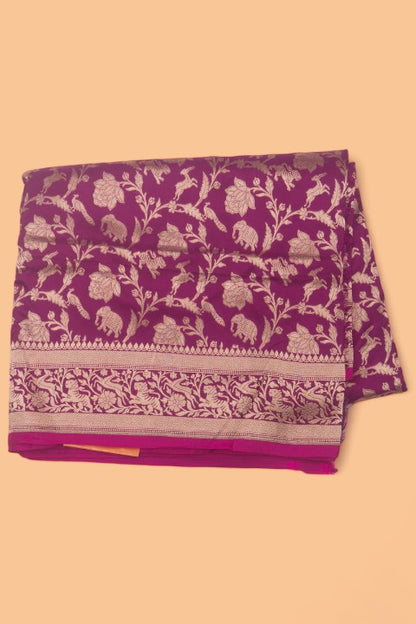 Banarasi Silk Jaal Shikargah Violet Saree