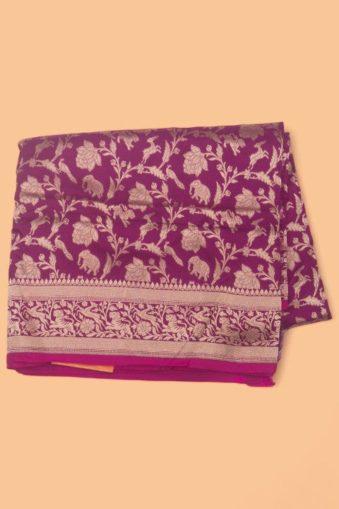 Banarasi Silk Jaal Shikargah Violet Saree