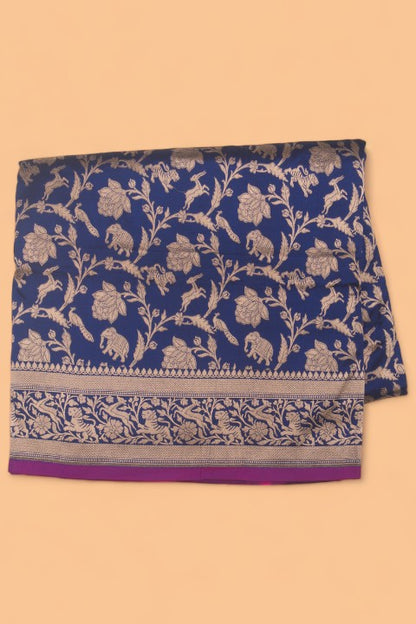 Banarasi Silk Shikargah Jaal Dark Blue Saree