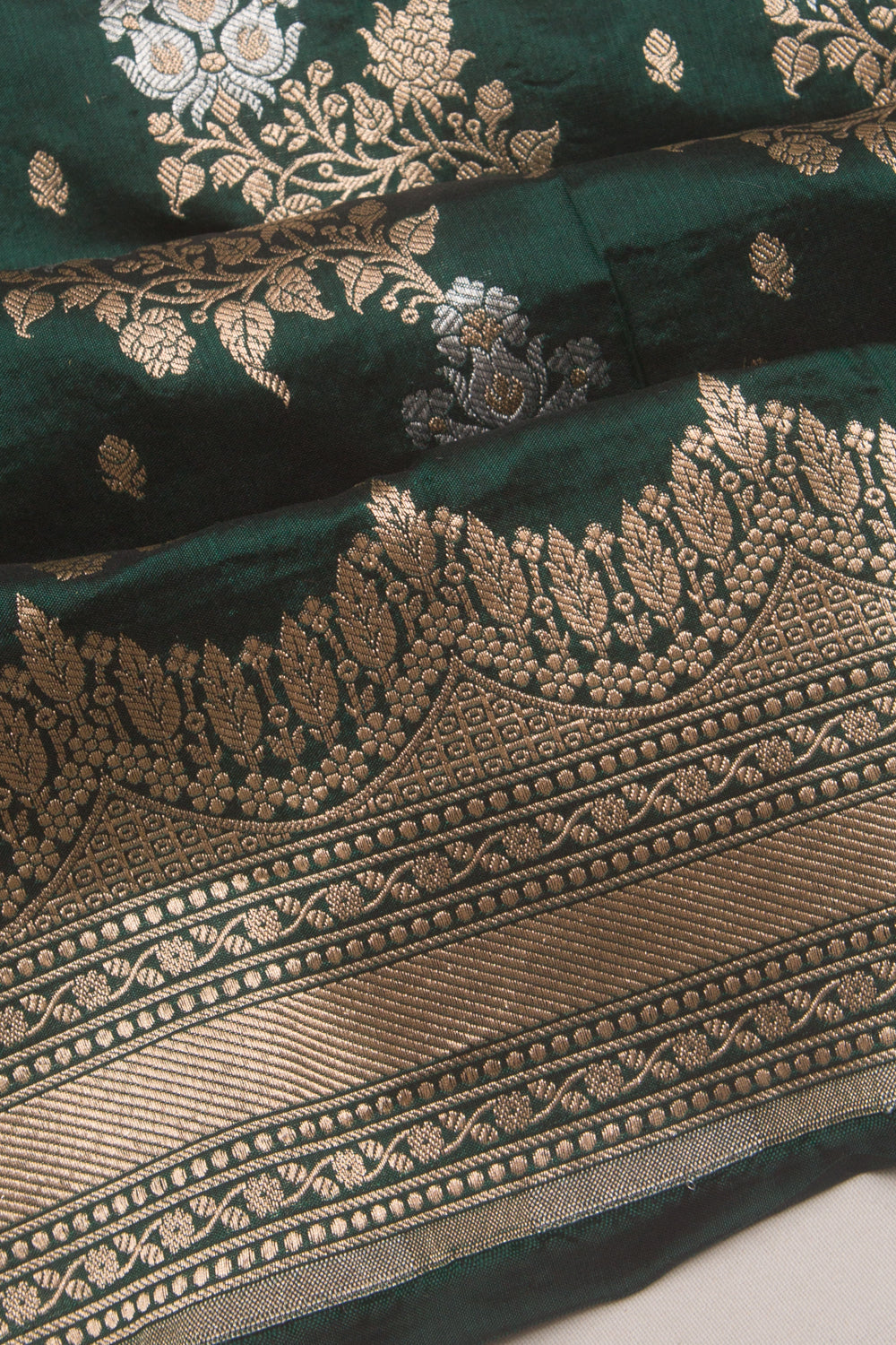 Banarasi Silk Jaal And Butta Bottle Green Saree