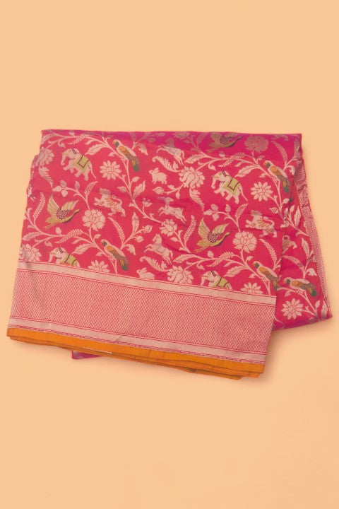 Banarasi Silk Jaal Shikargah Pink Saree