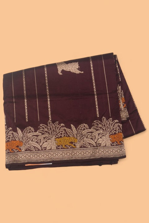 Banarasi Silk Vertical Lines And Butta Brown Saree