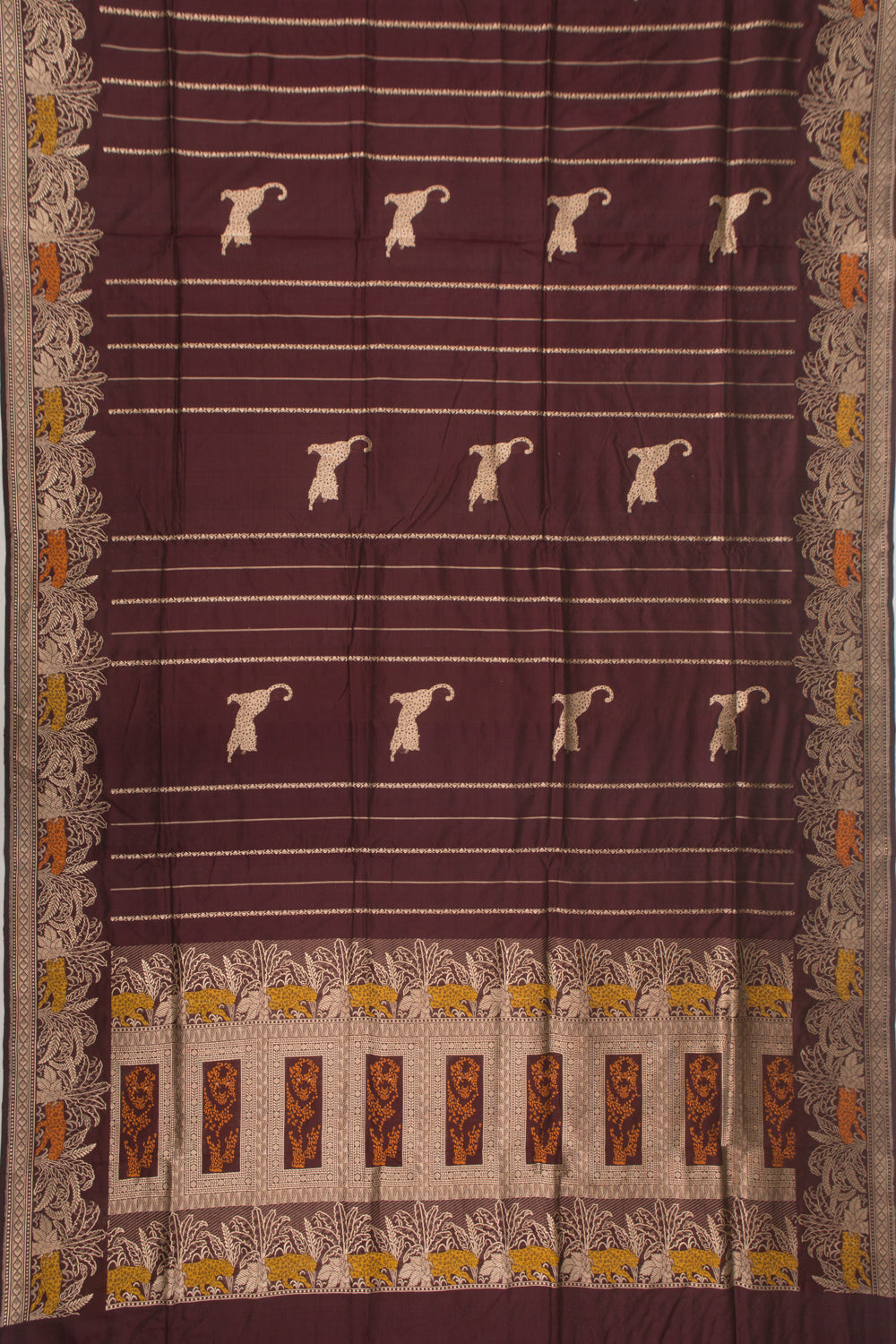 Banarasi Silk Vertical Lines And Butta Brown Saree