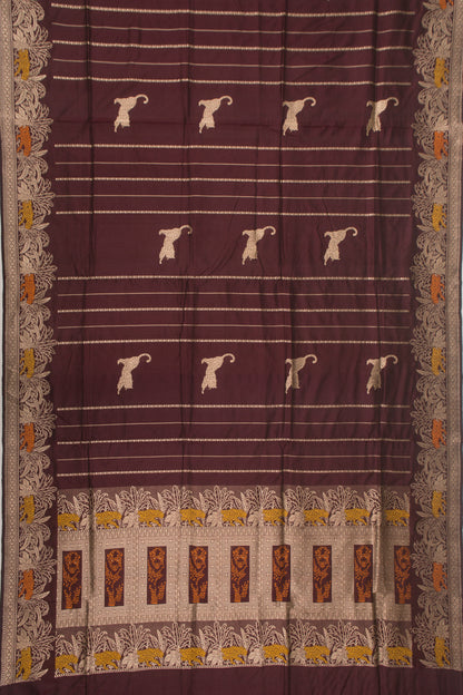 Banarasi Silk Vertical Lines And Butta Brown Saree