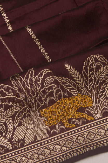 Banarasi Silk Vertical Lines And Butta Brown Saree