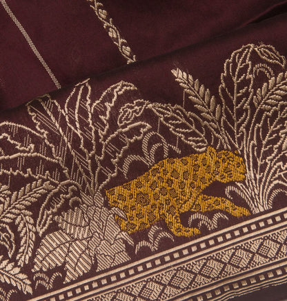 Banarasi Silk Vertical Lines And Butta Brown Saree