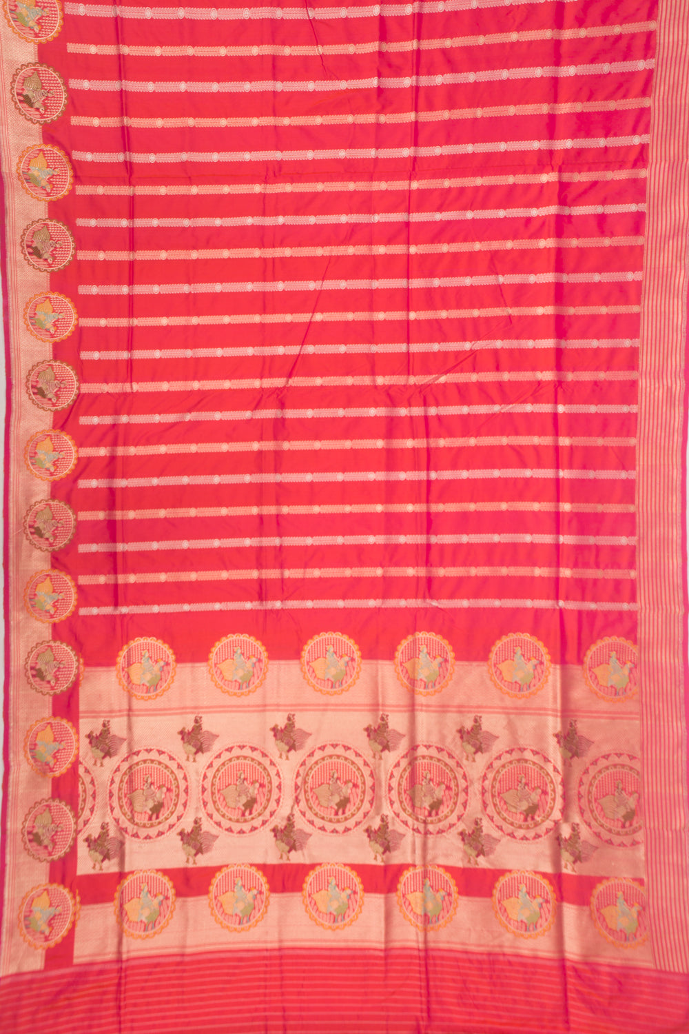 Banarasi Silk Vertical Lines Dual Tone Pink And Orange Saree