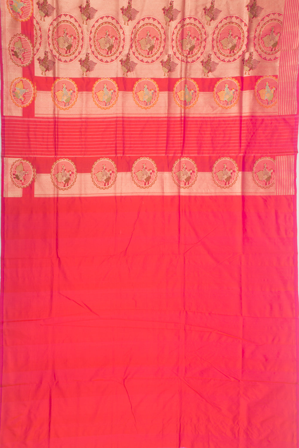 Banarasi Silk Vertical Lines Dual Tone Pink And Orange Saree