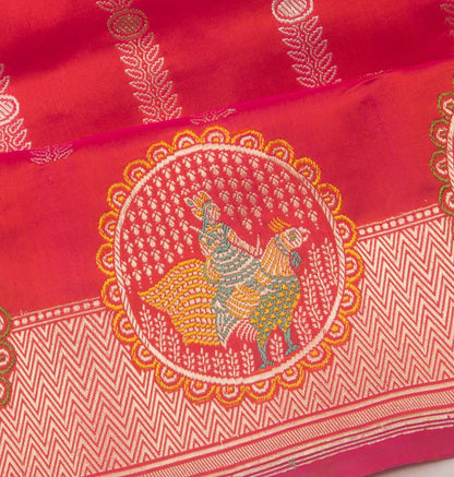Banarasi Silk Vertical Lines Dual Tone Pink And Orange Saree