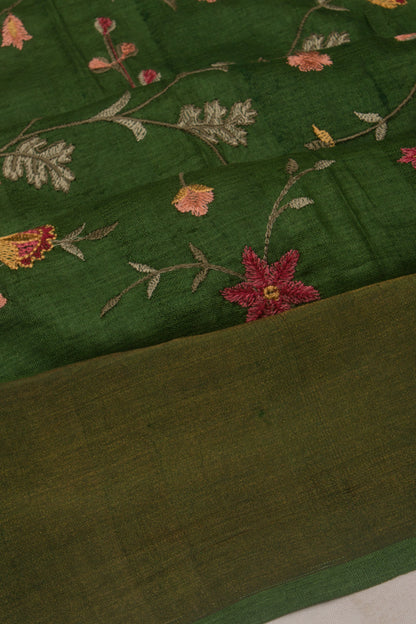 Tussar Embroidery Green Saree
