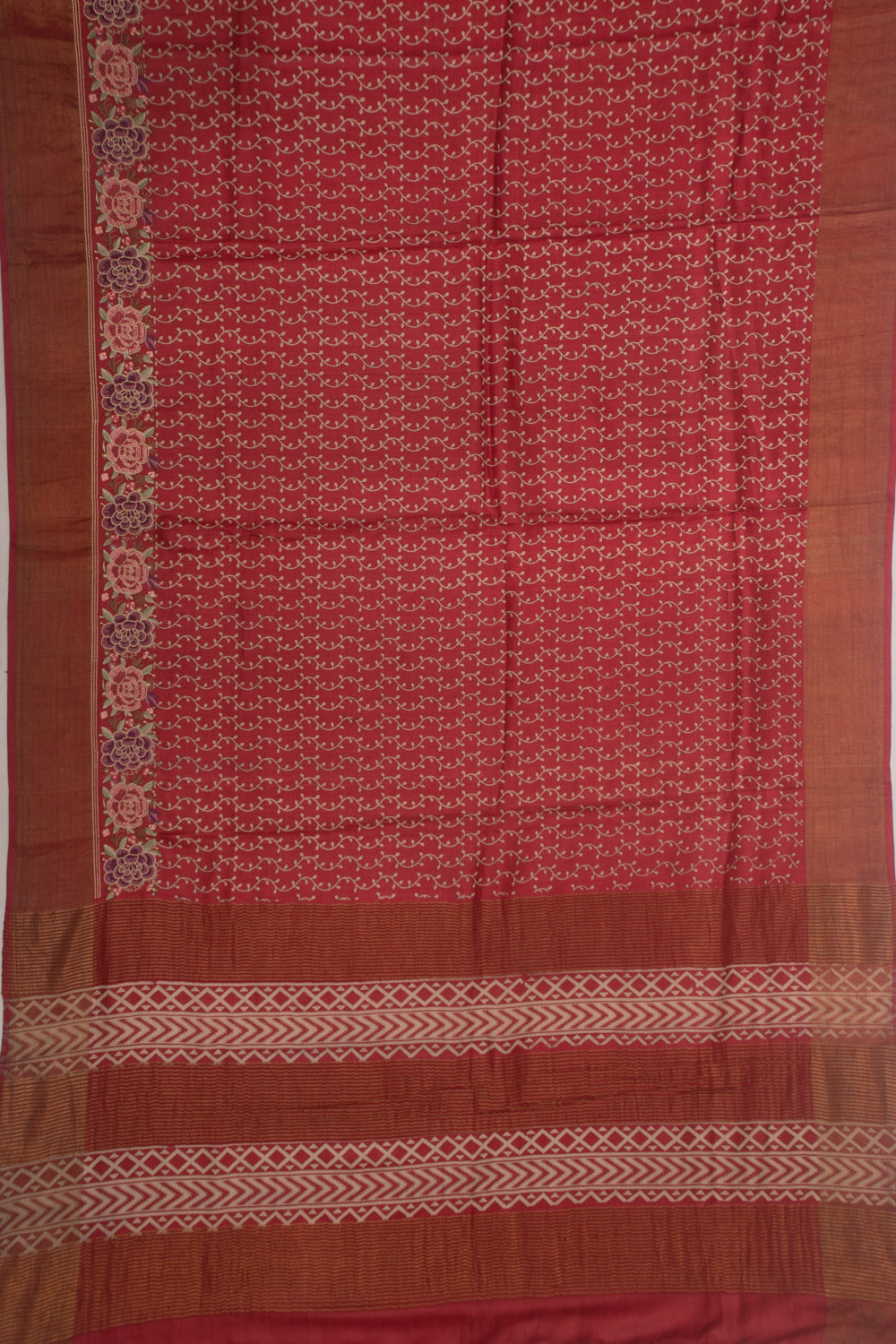 Tussar Printed Red Saree With Embroidery Border
