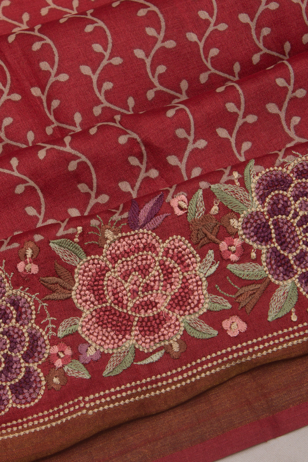 Tussar Printed Red Saree With Embroidery Border