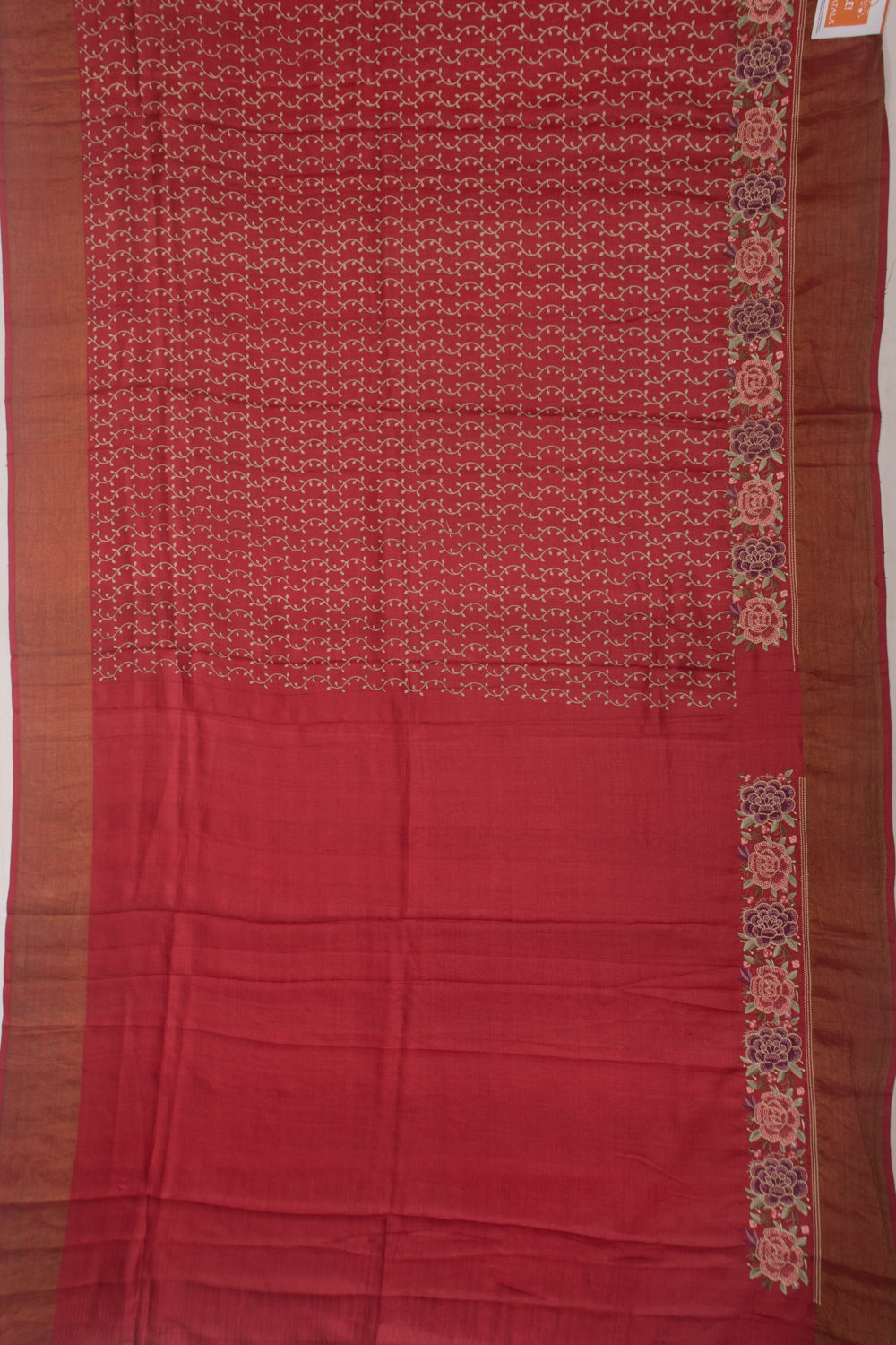 Tussar Printed Red Saree With Embroidery Border