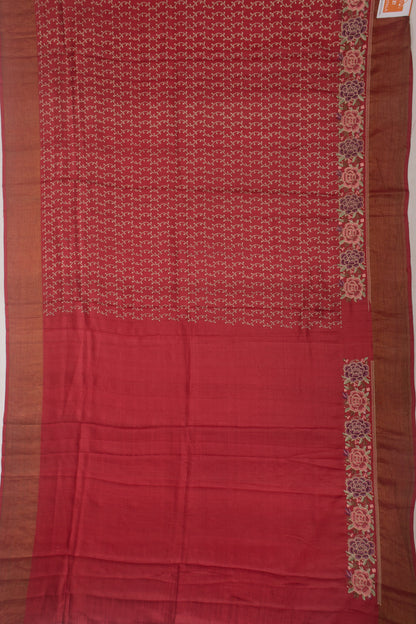 Tussar Printed Red Saree With Embroidery Border