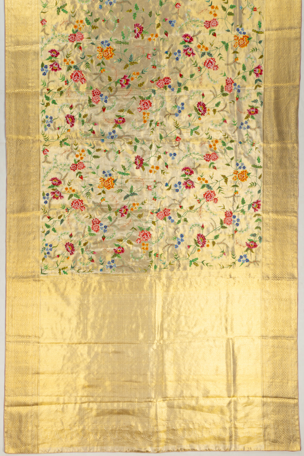 Petit Point Kanchipuram Silk Tissue Jaal Gold Saree
