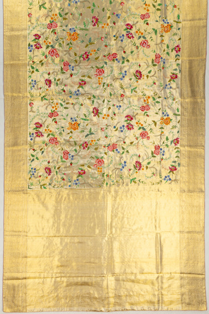 Petit Point Kanchipuram Silk Tissue Jaal Gold Saree
