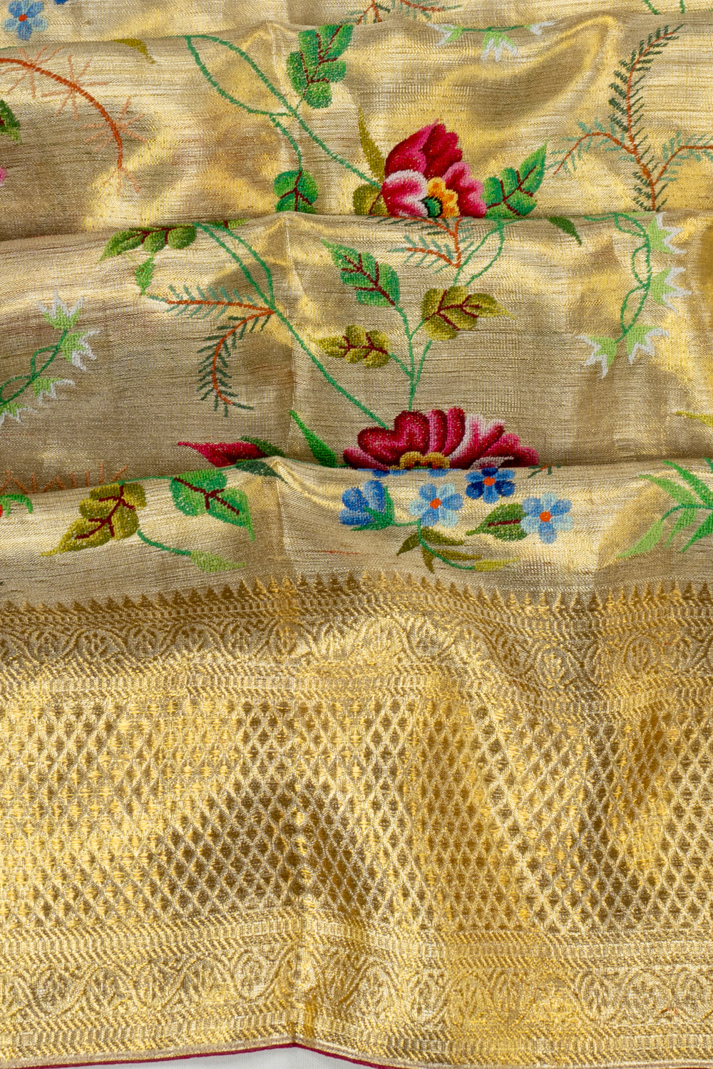 Petit Point Kanchipuram Silk Tissue Jaal Gold Saree