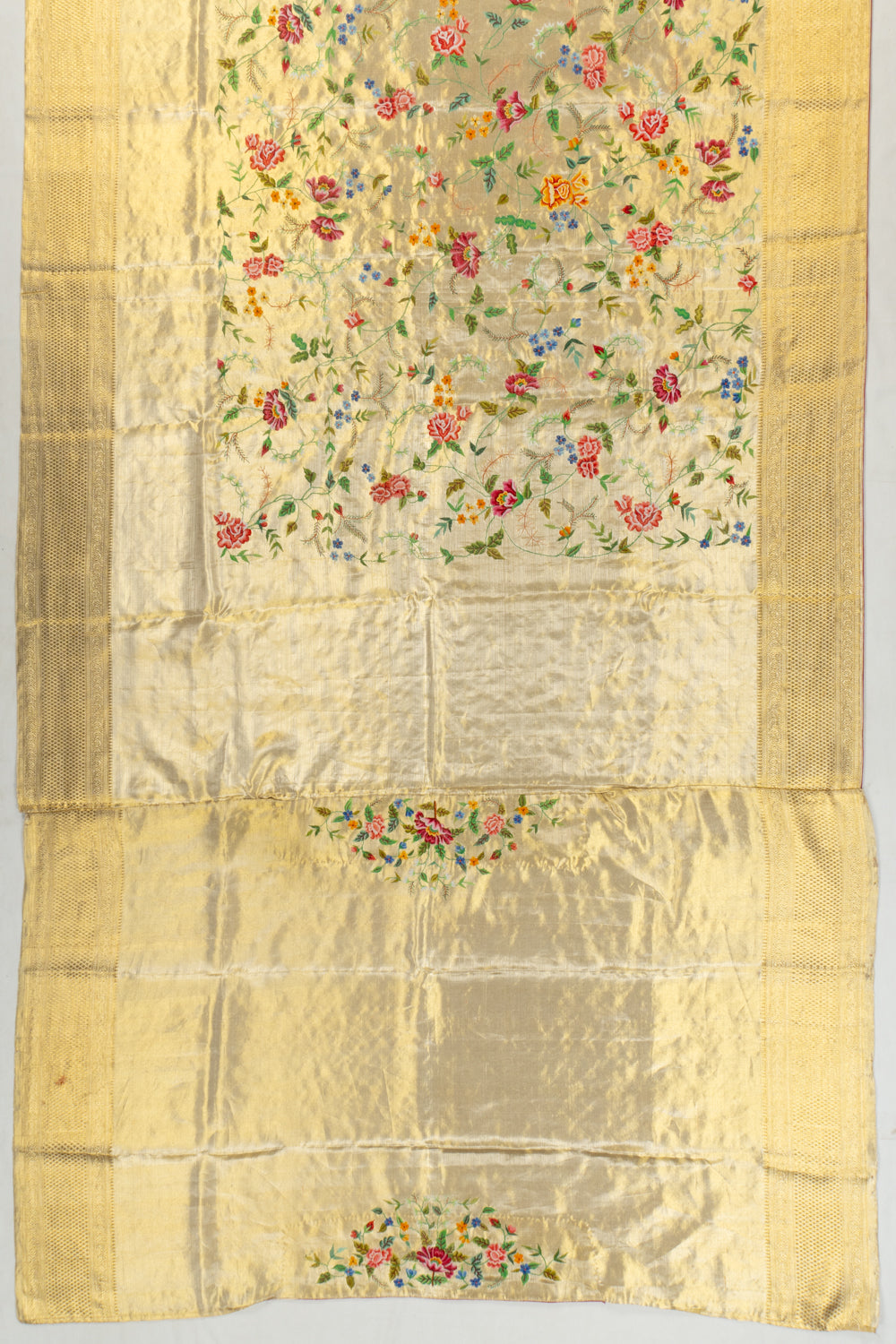 Petit Point Kanchipuram Silk Tissue Jaal Gold Saree
