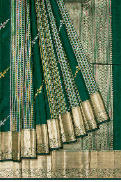 Kanchipuram Silk Vertical Lines And Butta Dark Green Saree