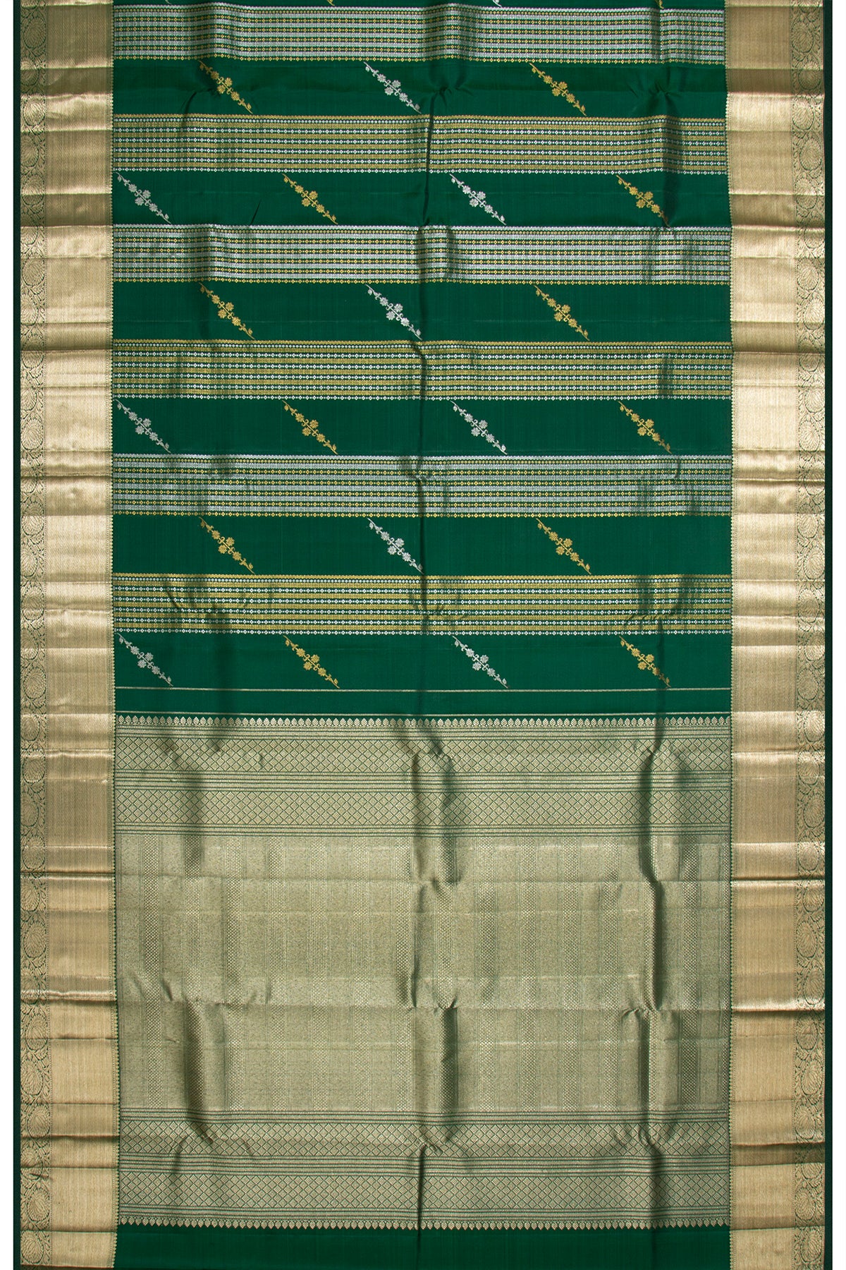 Kanchipuram Silk Vertical Lines And Butta Dark Green Saree