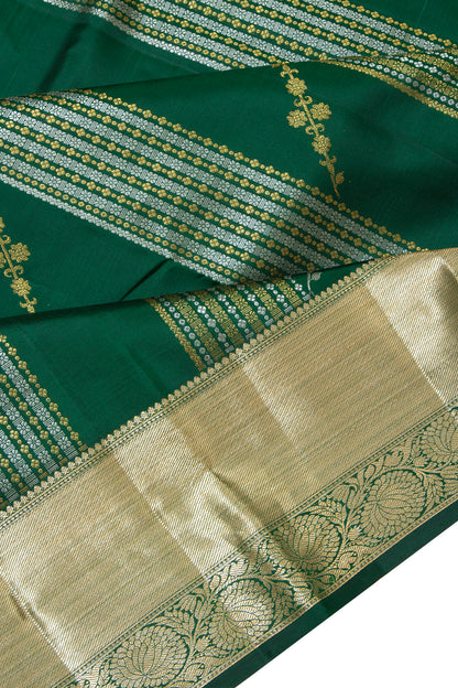 Kanchipuram Silk Vertical Lines And Butta Dark Green Saree