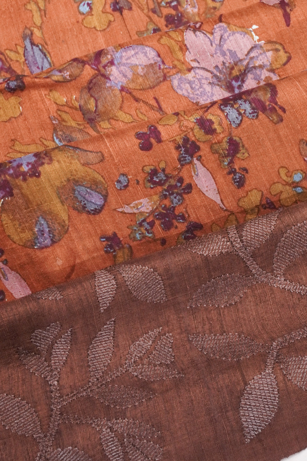 Tussar Printed Brown Saree With Embroidery Border