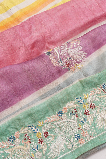 Tussar Horizontal Lines Multi-Color Saree With Embroidery Border