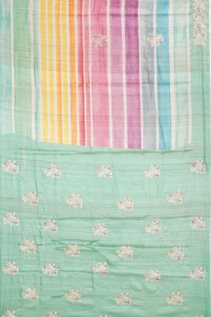 Tussar Horizontal Lines Multi-Color Saree With Embroidery Border