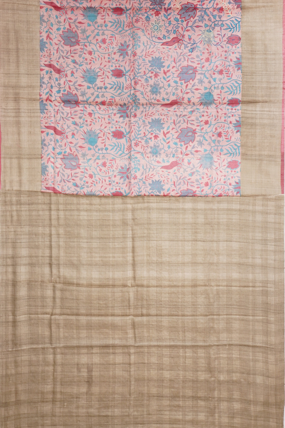 Tussar Printed And Embroidery Pastel Pink Saree