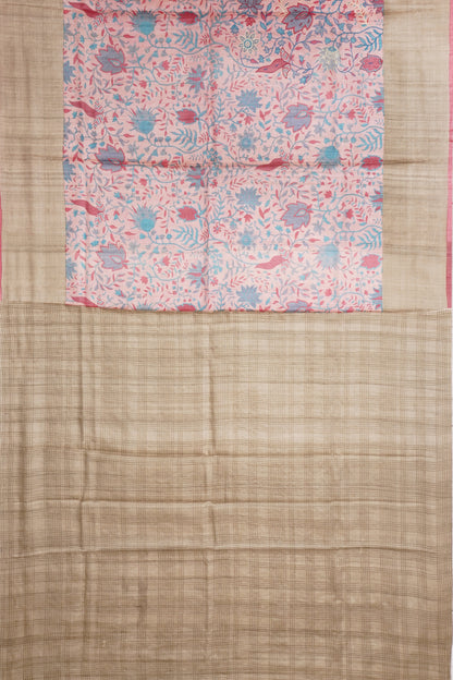 Tussar Printed And Embroidery Pastel Pink Saree