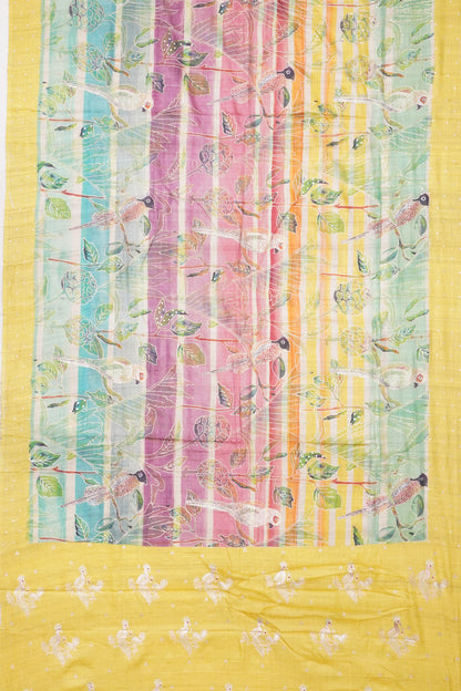 Tussar Printed And Embroidey Multi-Color Saree