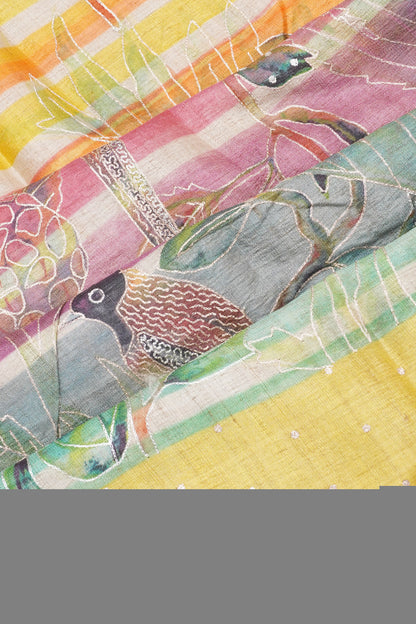 Tussar Printed And Embroidey Multi-Color Saree
