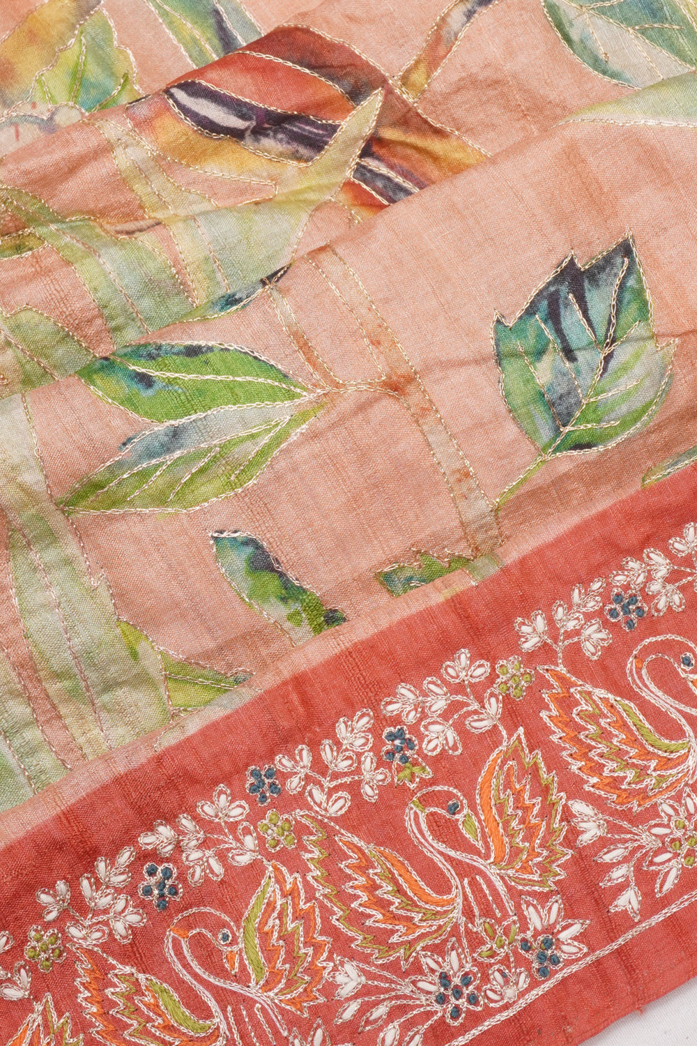 Tussar Embroidery Peach Saree