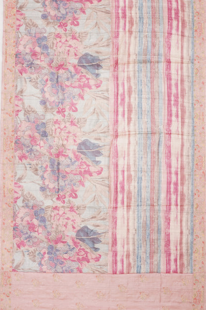 Tussar Printed Sky Blue Saree With Embroidery Border