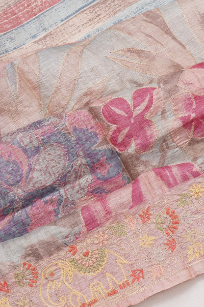 Tussar Printed Sky Blue Saree With Embroidery Border