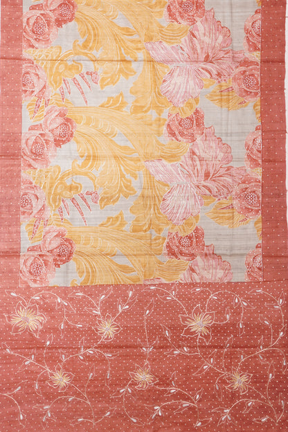 Tussar Printed And Embroidery Grey Saree