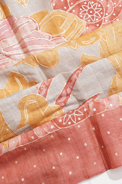 Tussar Printed And Embroidery Grey Saree