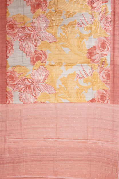 Tussar Printed And Embroidery Grey Saree