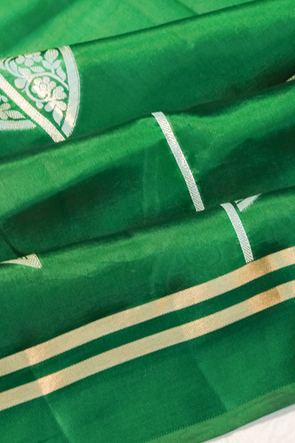 Banarasi Katan Silk Vertical Lines And Butta Green Saree