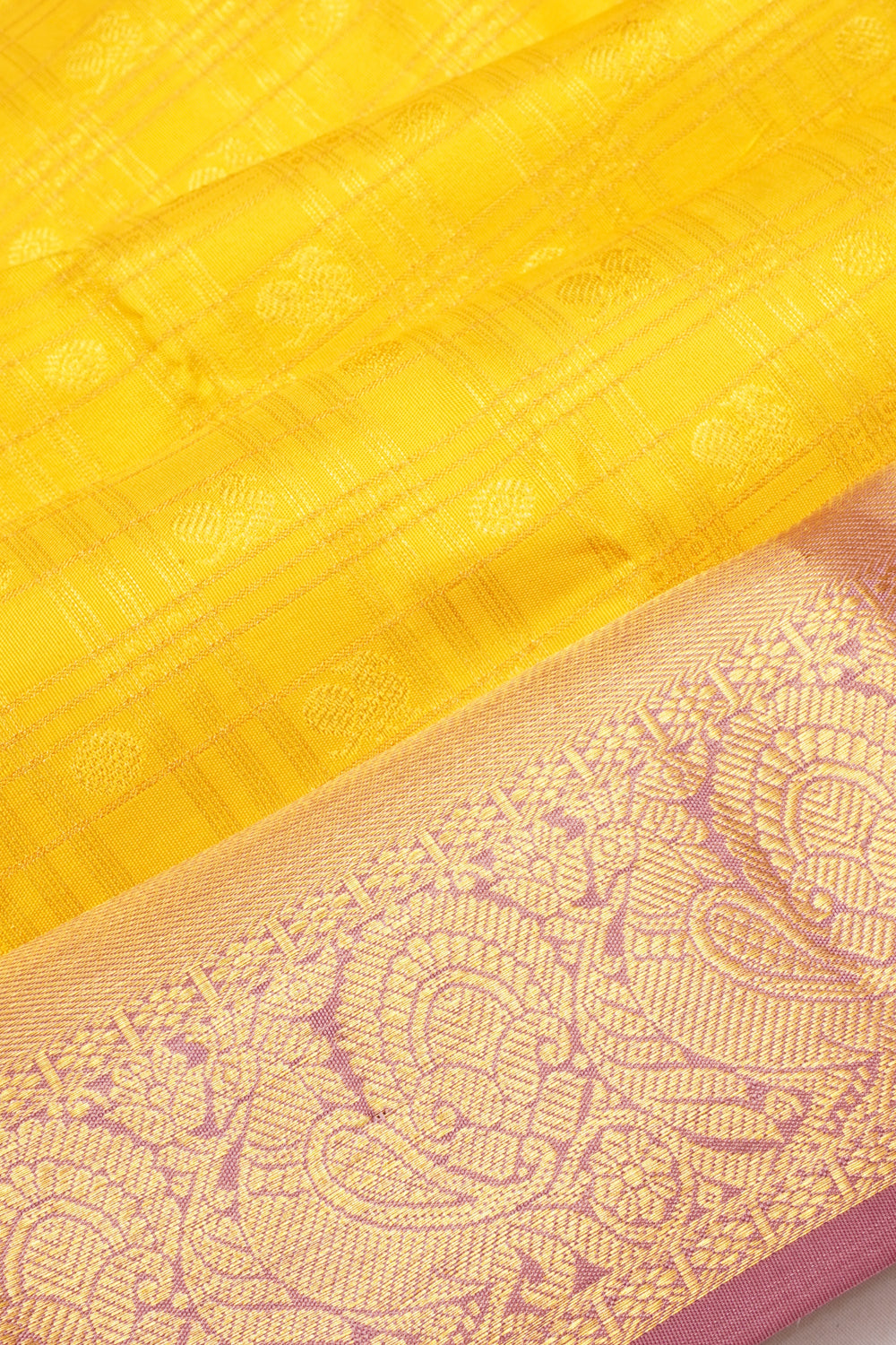 Kanchipuram Silk Checks And Butta Yellow Saree